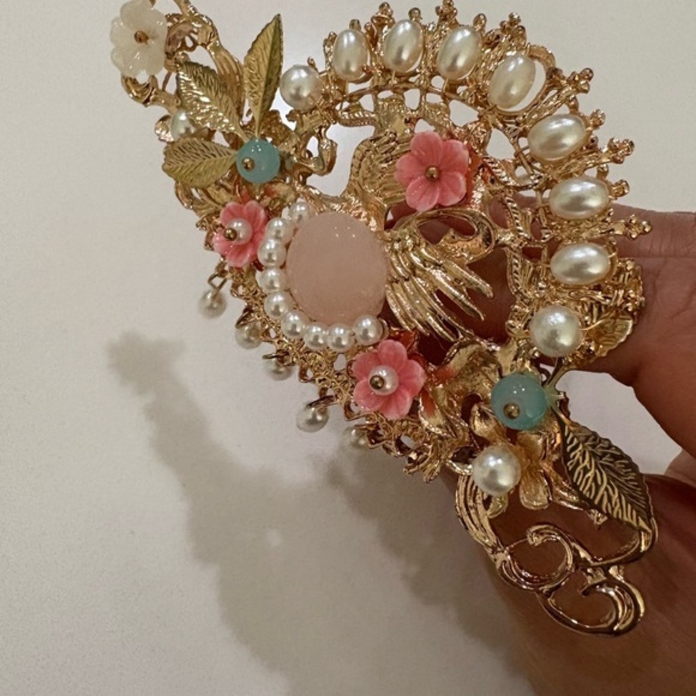 Gold Pearl Phoenix Hair Crown Pin – Floral Tassel‎ Stick Comb Elegant Headdress